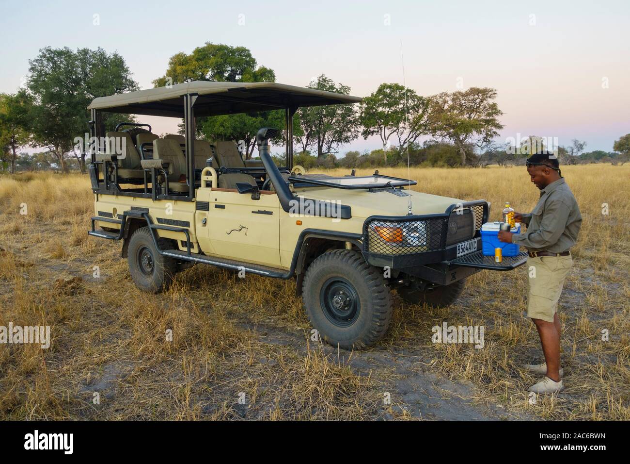 Der Fremdenführer bereitet die Sonnenanbeter am Ende einer Spielfahrt, Macatoo, Okavango Delta, Botswana, vor Stockfoto