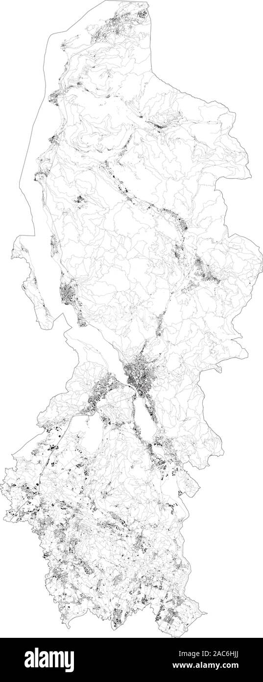 Sat-Karte der Provinz von Lecco, Städte und Straßen, Gebäude und Straßen der Umgebung. Lombardei, Italien. Karte Straßen, Ringstraßen Stock Vektor