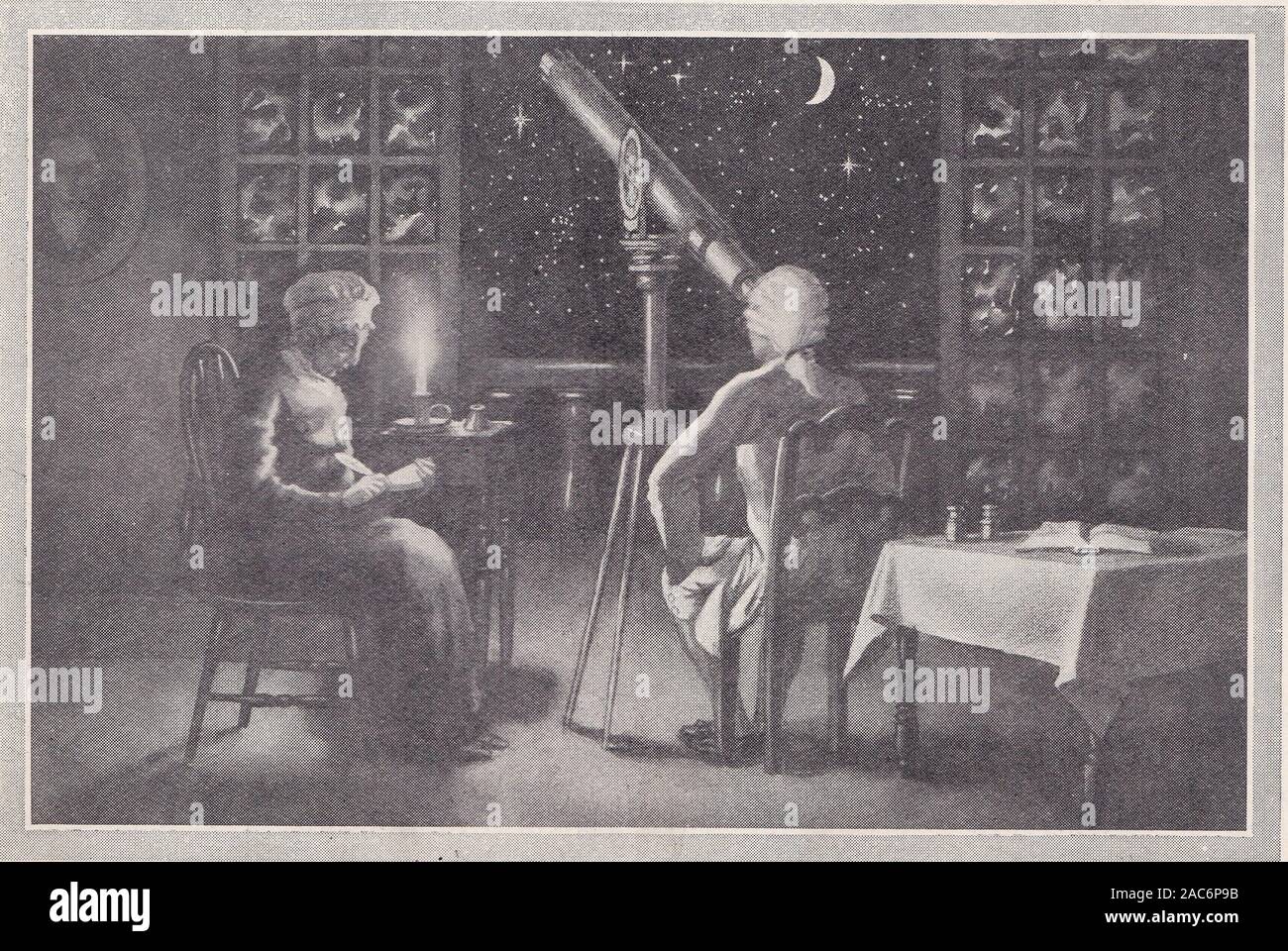 Wilhelm und Caroline Herschel bei sich zu Hause in der Badewanne studieren den Nachthimmel durch ein Teleskop. Stockfoto