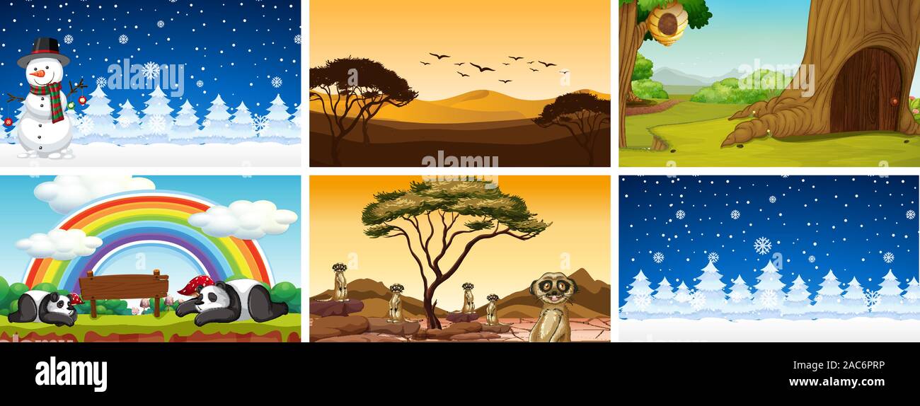 Sechs verschiedene Szenen mit Tiere und Bäume Abbildung Stock Vektor