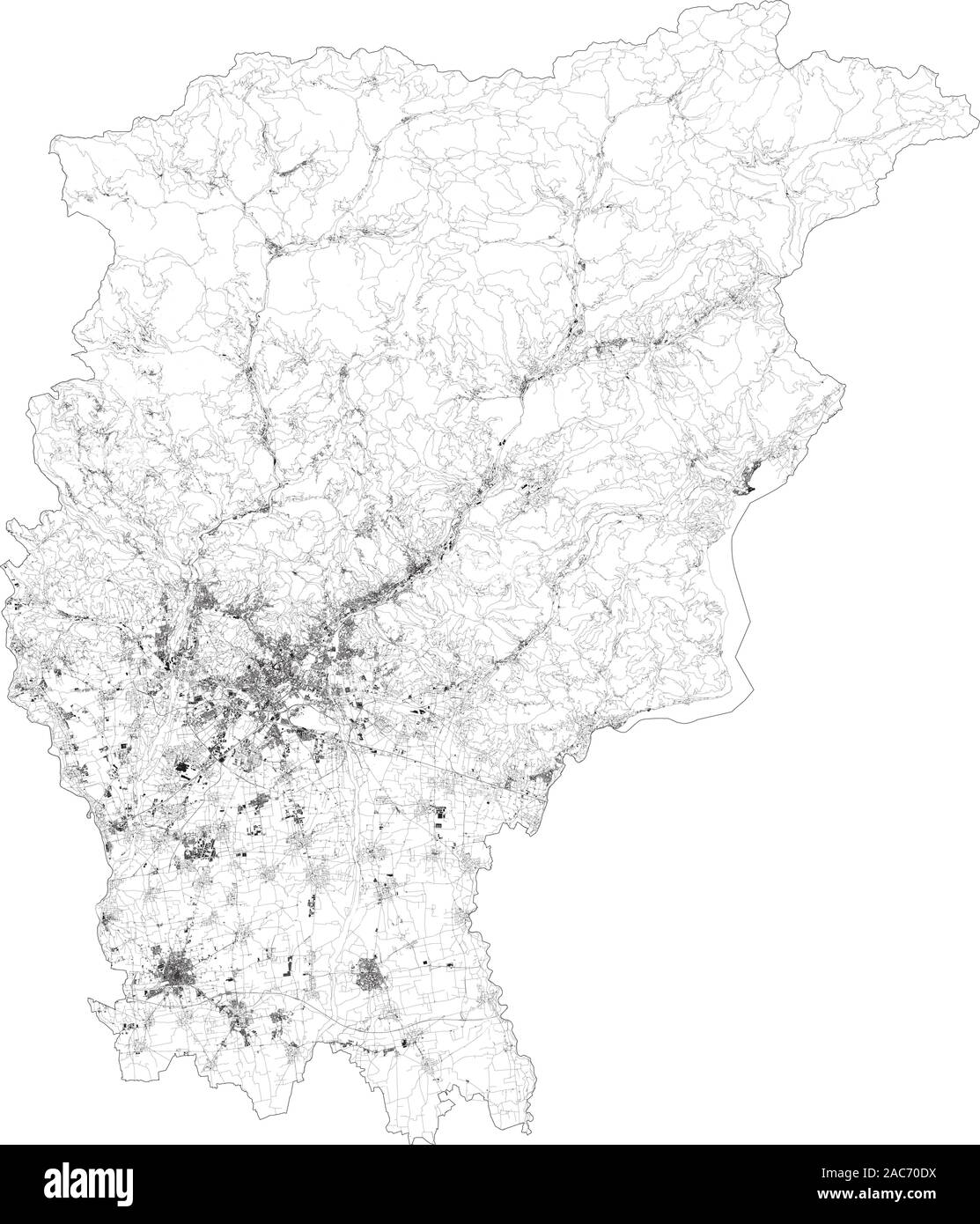 Sat-Karte der Provinz Bergamo, Städte und Straßen, Gebäude und Straßen der Umgebung. Lombardei, Italien. Karte Straßen, Ringstraßen Stock Vektor