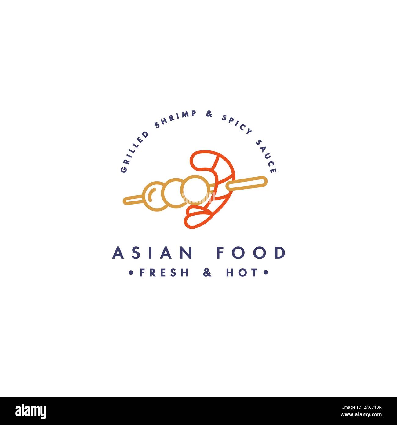 Vektor Logo Design Template und Emblem oder Logo. Asiatische Lebensmittel - asain Kebab mit Garnelen. Lineare Logos, Gold und Rot. Stock Vektor