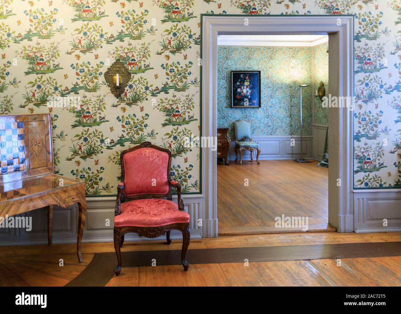 Peking, Peking Zimmmer Zimmer romantische Interieurs und Möbel mit chinesischen Motiv Tapete auf Goethe Haus, Goethe Museum, Frankfurt am Main, Deutschland Stockfoto