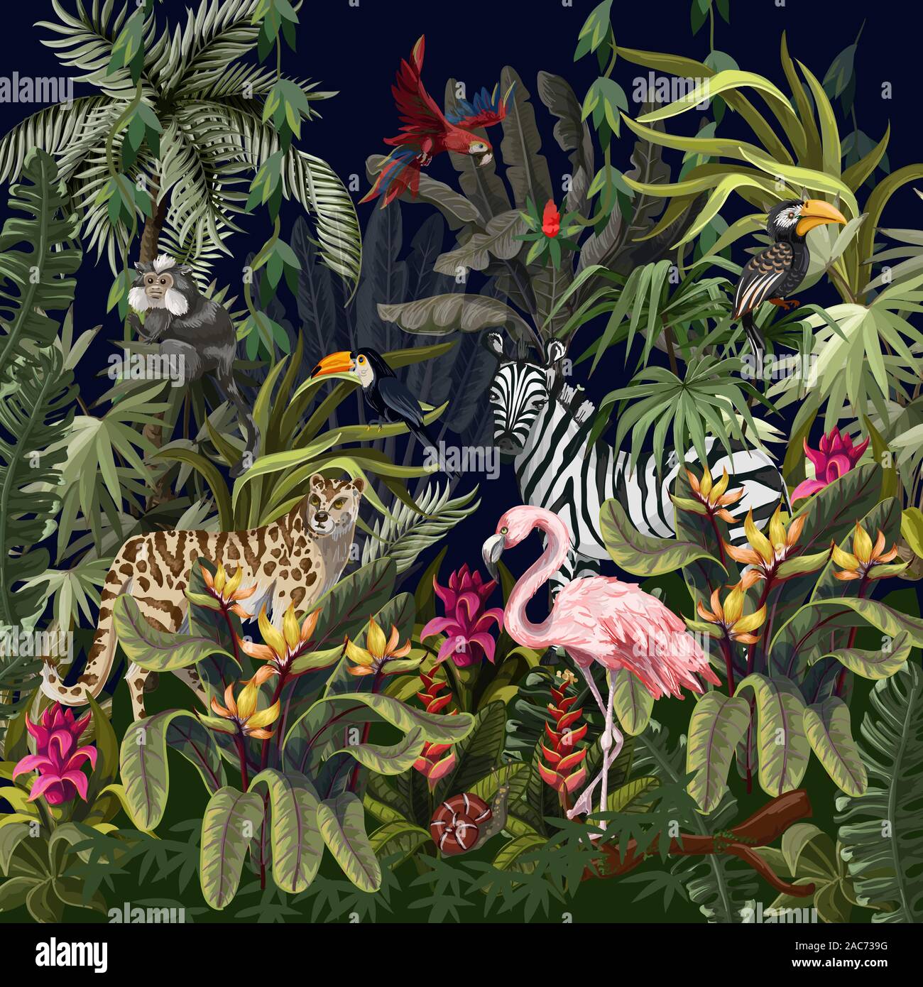 Dschungel Landschaft mit wilden Tieren. Vektor. Stock Vektor