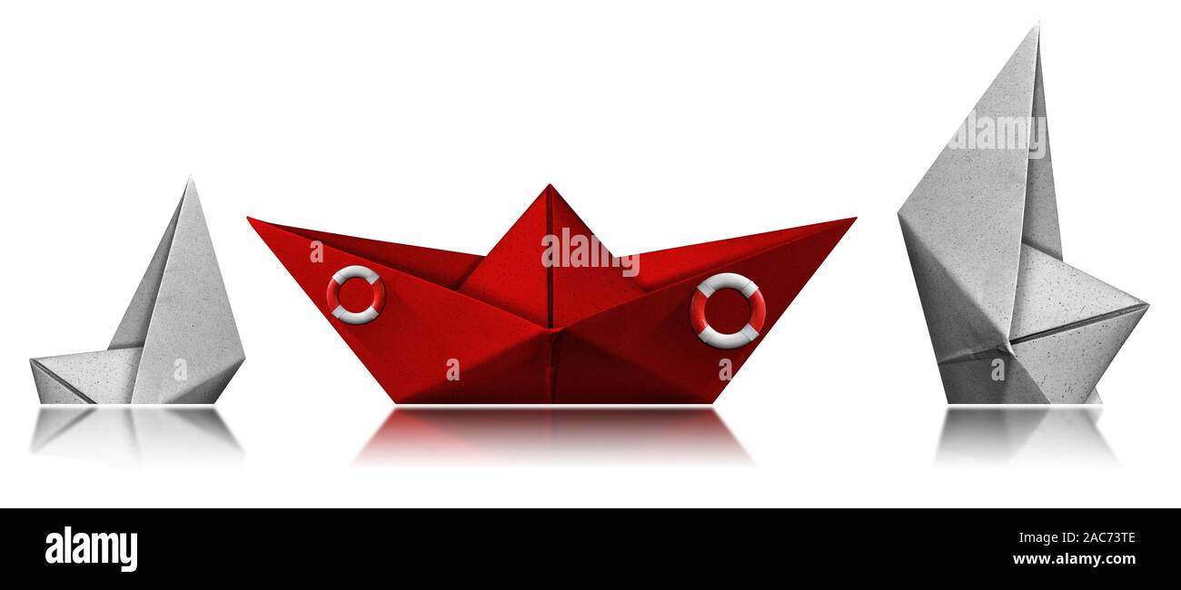 Rescue Concept. Ein rotes Papier Rettung Boot der Küstenwache und zwei weiße Boote, versinken. auf weißem Hintergrund Stockfoto