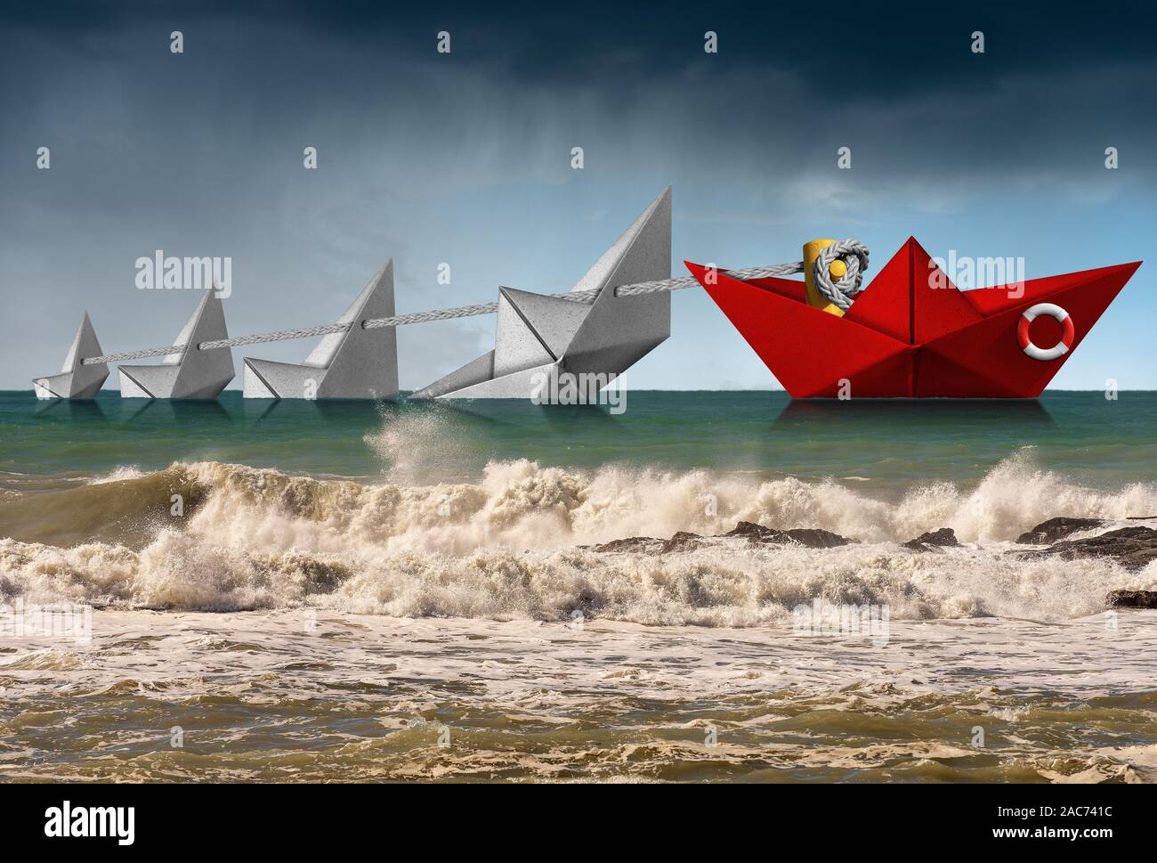 Rettungs- und Leadership Konzept, ein rotes Papier Boot der Küstenwache rettet vier weißen Boote, die in rauer See mit den regnerischen Himmel sinken Stockfoto