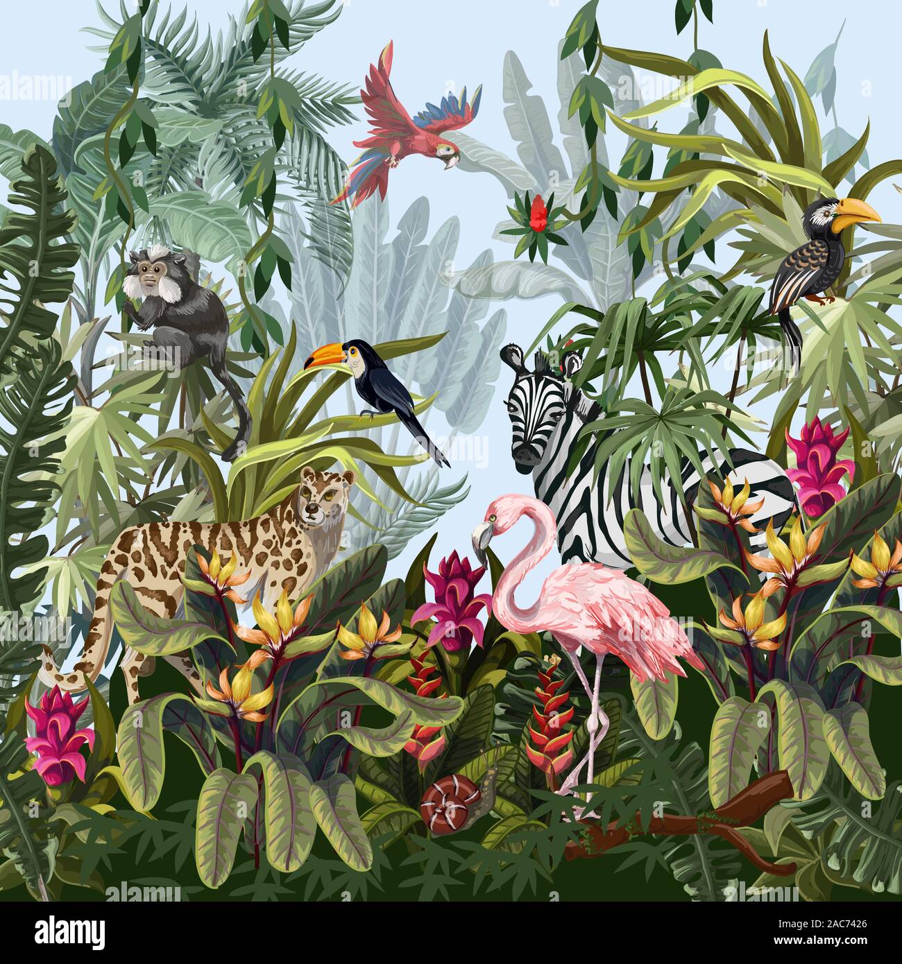 Dschungel Landschaft mit wilden Tieren. Vektor. Stock Vektor
