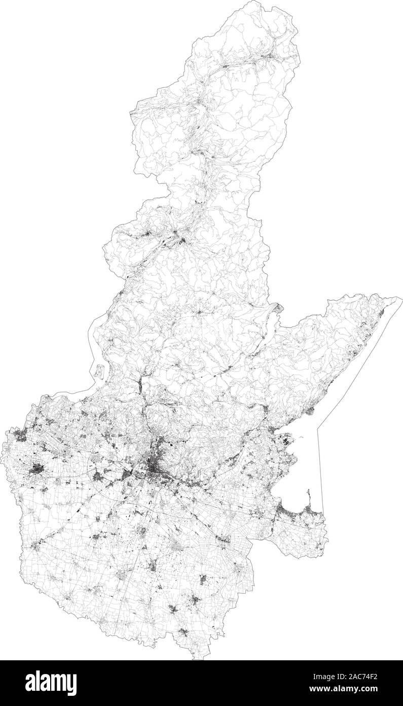 Sat-Karte der Provinz Brescia, Städte und Straßen, Gebäude und Straßen der Umgebung. Lombardei, Italien. Karte Straßen, Ringstraßen Stock Vektor