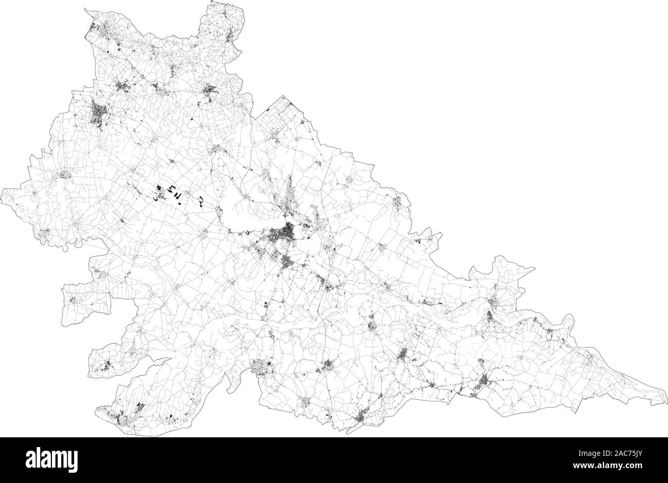 Sat-Karte der Provinz Mantova, Städte und Straßen, Gebäude und Straßen der Umgebung. Lombardei, Italien. Karte Straßen, Ringstraßen Stock Vektor