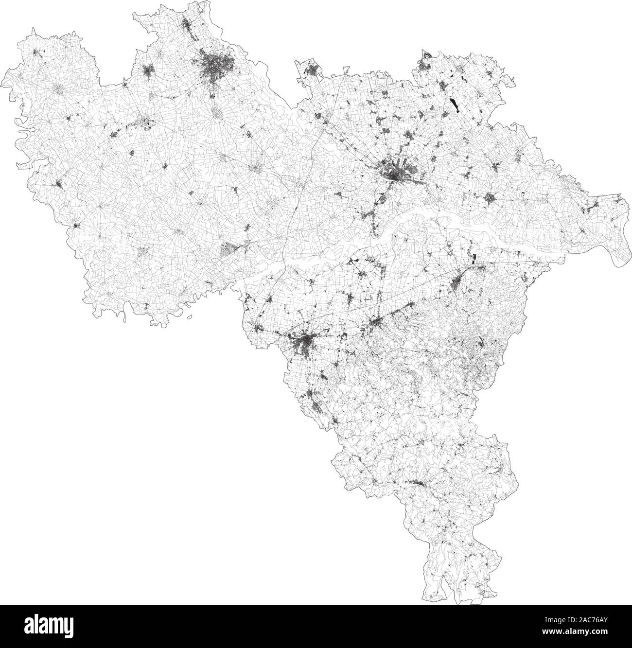 Sat-Karte der Provinz Pavia, Städte und Straßen, Gebäude und Straßen der Umgebung. Lombardei, Italien. Karte Straßen, Ringstraßen Stock Vektor