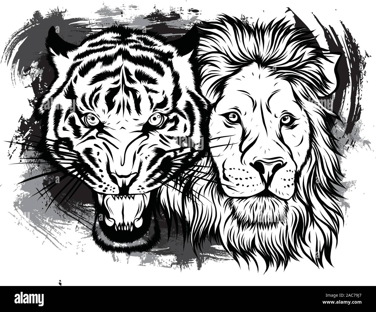 Löwen und Tiger Knurren einander gegenüber, öffnen Sie einen verbitterten Mund, Eckzähne, Hand gezeichnet Doodle, Skizze im Pop Art Stil, Vektor, Abbildung Stock Vektor