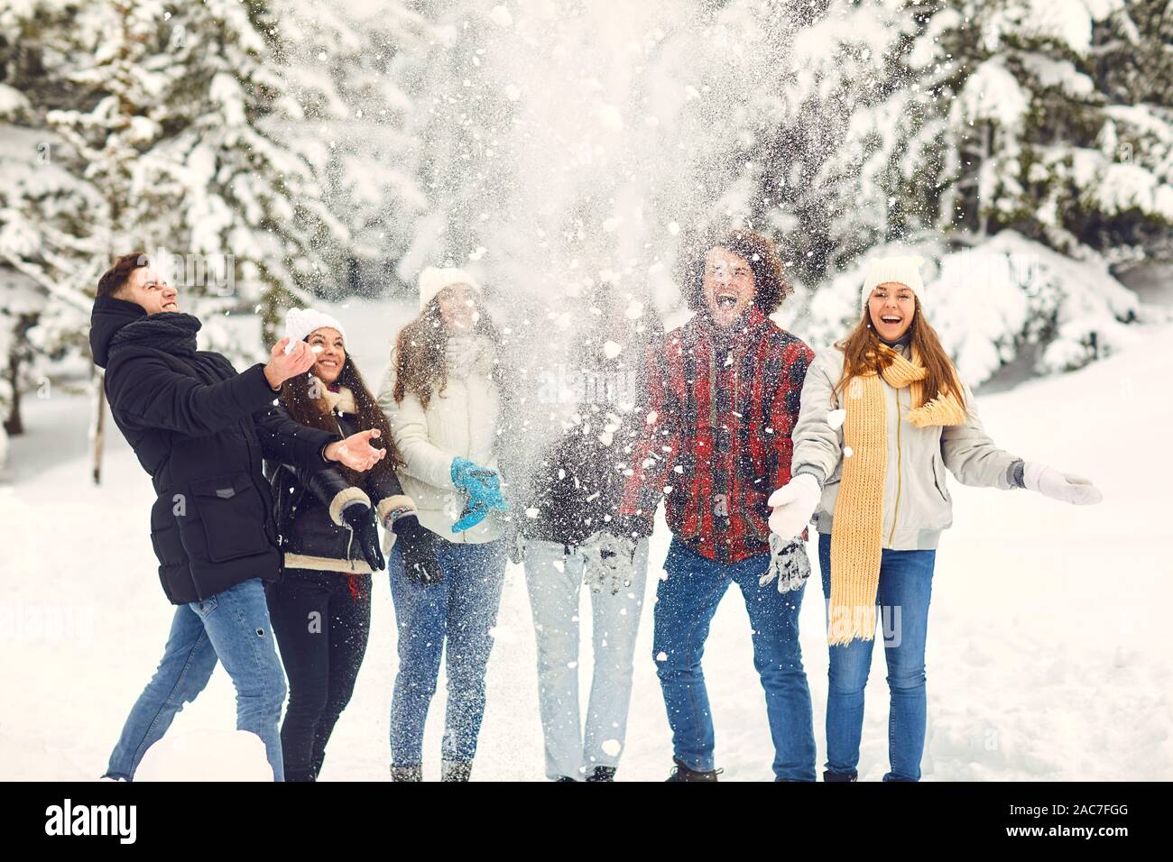 Freunde lächelnd in der Natur im Winter Stockfoto