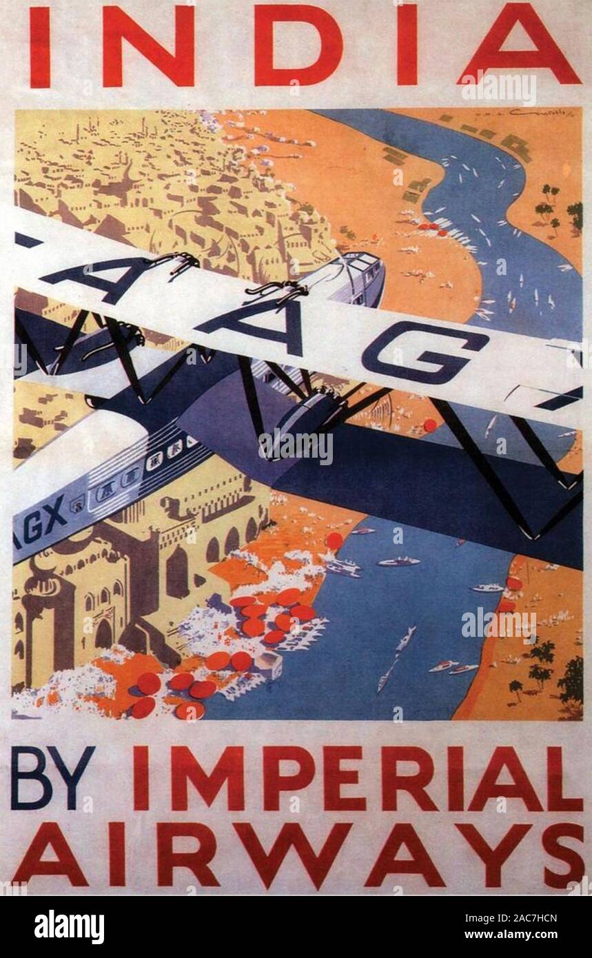 IMPERIALL AIRWAYS Poster um 1930 mit einem Armstrong Whitworth Argosy Fliegen Sie von Croydon nach Indien Stockfoto