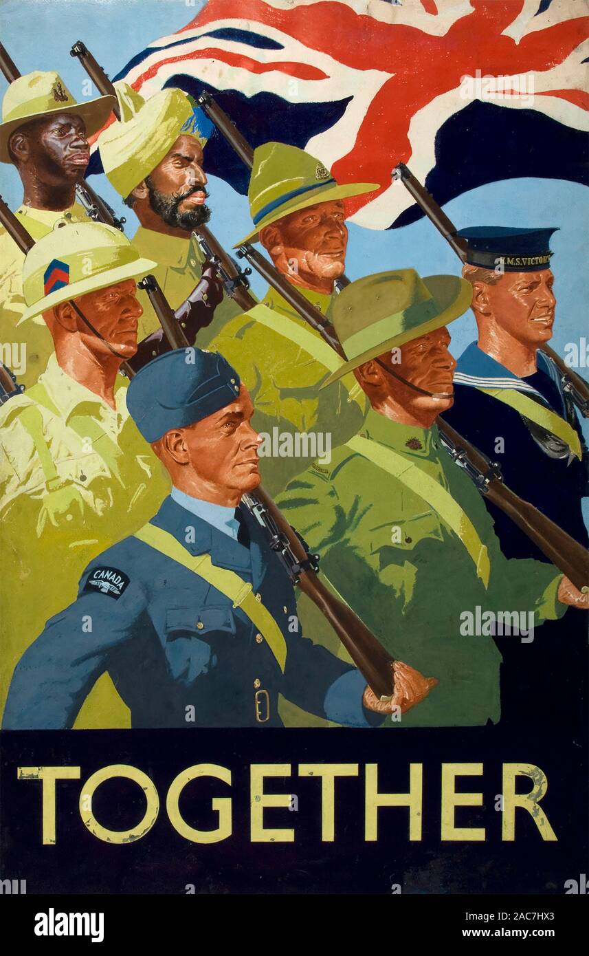 Zusammen British WW2 Propaganda Poster mit Empire und Commonwealth Soldaten mit Waffen Stockfoto
