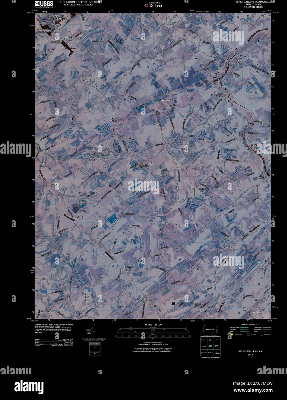USGS TOPO Karte Pennsylvania PA sieben Täler 20100819 TM invertiert Wiederherstellung Stockfoto