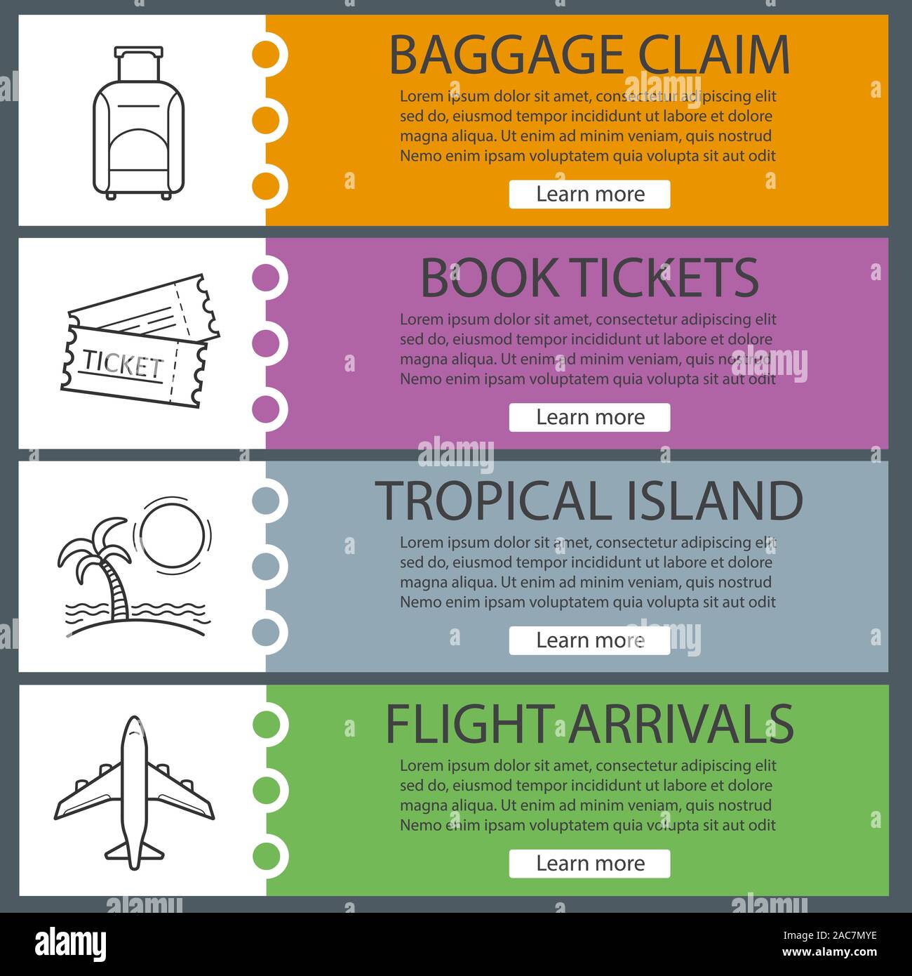 Urlaub und Reisen banner Vorlagen eingestellt. Einfach zu bearbeiten. Tickets, Koffer, Flug, tropischen Insel. Website Menüpunkte mit linearen Symbolen. Col Stock Vektor