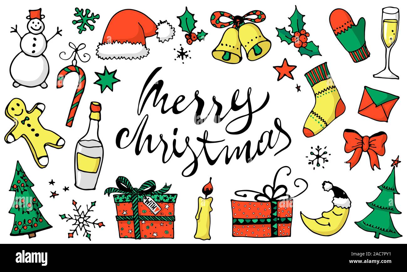 Doodle Weihnachten, farbige Symbole, Aufkleber. Süße hand Design Elemente  für Sie erstellt. Frohe Weihnachten und Neujahr Symbole, Schrift. Vector  Illustration Stock-Vektorgrafik - Alamy