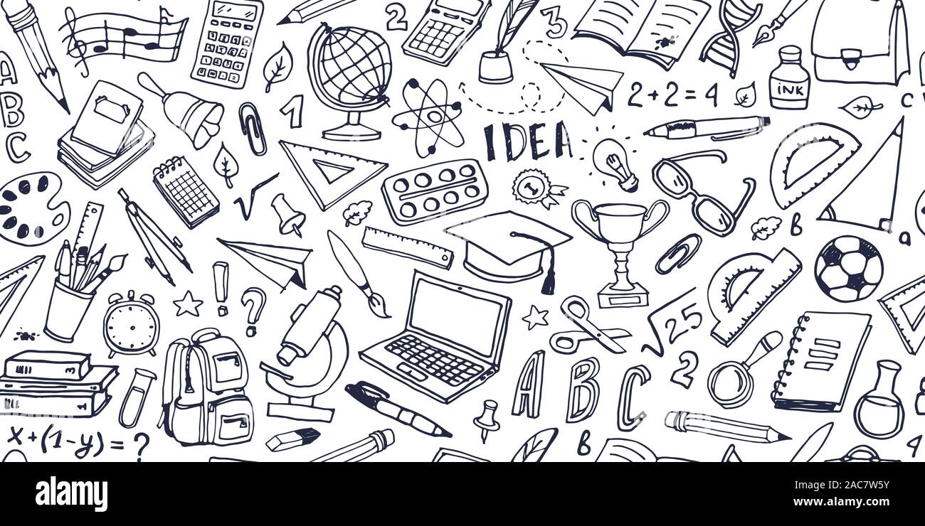 Zurück zu Schule doodle nahtlose Muster. Hand gezeichnet Hintergrund mit Schulmaterial und kreative Elemente. Vector Illustration. Stock Vektor