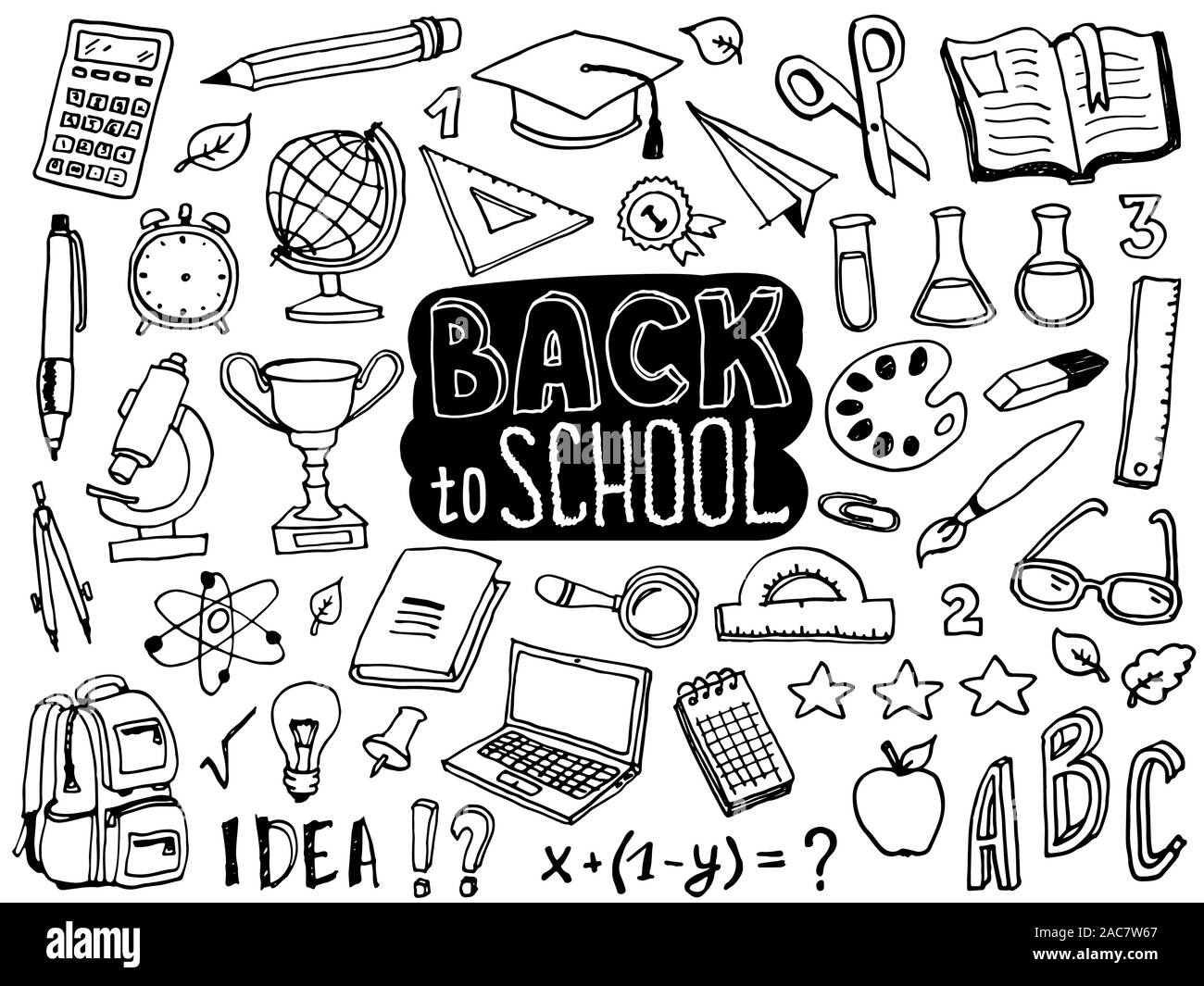 Zurück zu Schule doodle Elemente. Schriftzug und Schulsachen Sammlung. Das Symbol Skizze eingestellt. Vector Illustration. Stock Vektor