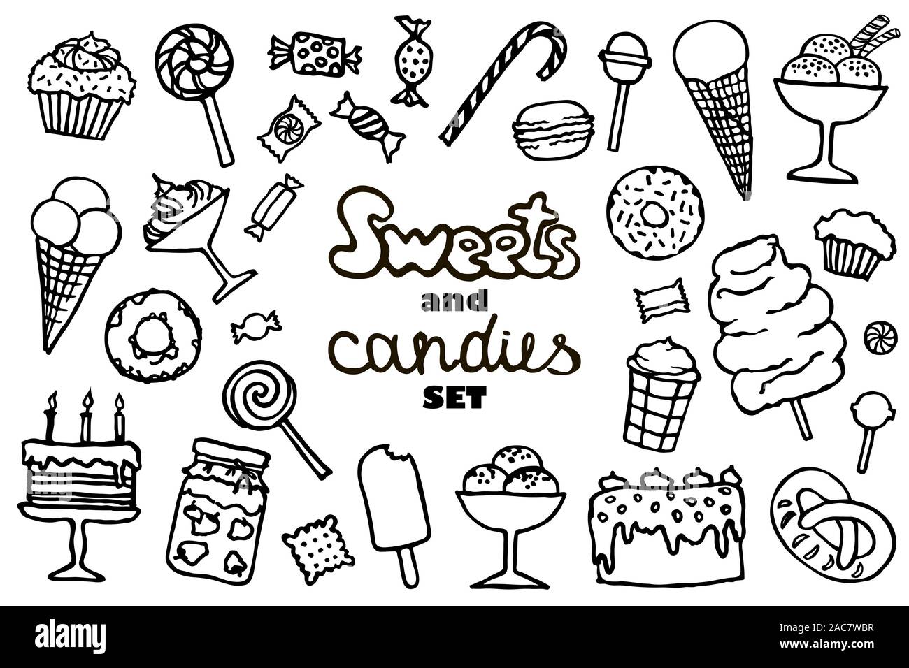 Doodle candy eingestellt. Sammlung von Süßigkeiten, Kuchen, Süßigkeiten, Eis und Desserts. Hand gezeichneten Symbole. Vektorgrafiken. Stock Vektor
