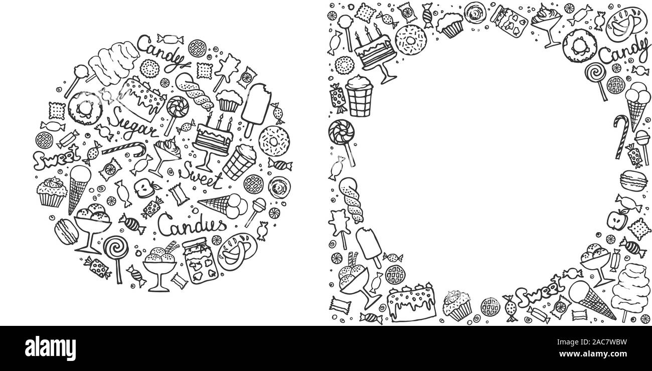 Doodle candy eingestellt. Sammlung von Süßigkeiten, Kuchen, Süßigkeiten, Eis und Desserts. Hand gezeichnet Hintergrund. Vektorgrafiken. Stock Vektor