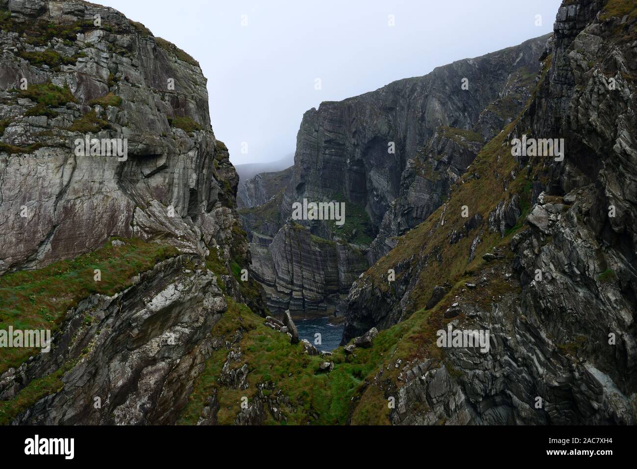 Klippen, Mizen Head, südwestlichsten Punkt von Irland, Nebel, Nieselregen, schlechtes Wetter, wilden Atlantik weg, touristische Attraktion, RM Irland Stockfoto