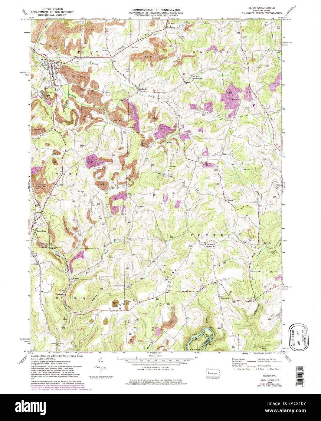 USGS TOPO Karte Pennsylvania PA Sligo 221864 1969 24000 Wiederherstellung Stockfoto