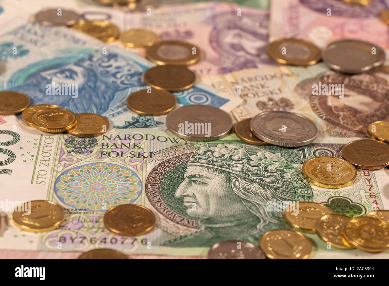 Polnischer Zloty. PLN Banknoten und Münzen bietet große Möglichkeiten für die Illustration von Themen wie Handel, Banken, Medien verwendet werden, Präsentationen etc. Stockfoto