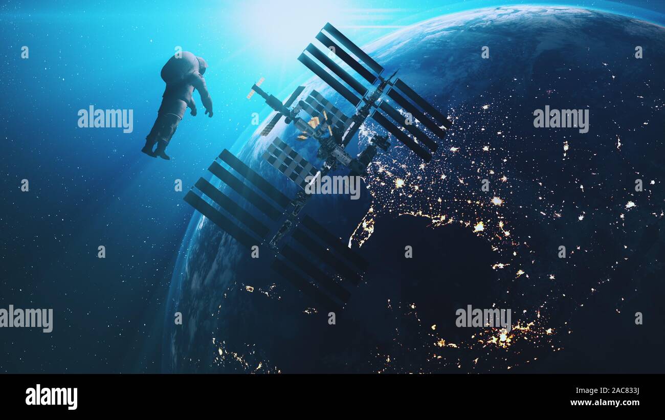 ISS-Astronauten im Weltall Kosmos Erde Hintergrund. International Space Station Modul fliegen Spaceman gegen realistische Planeten. Sun Shine. 3D-Render Animation. Elemente dieser Medien durch die NASA eingerichtet Stockfoto
