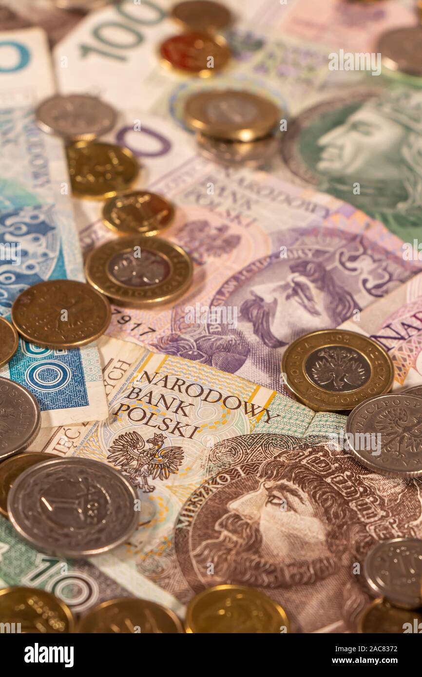 Polnischer Zloty. PLN Banknoten und Münzen bietet große Möglichkeiten für die Illustration von Themen wie Handel, Banken, Medien verwendet werden, Präsentationen etc. Stockfoto