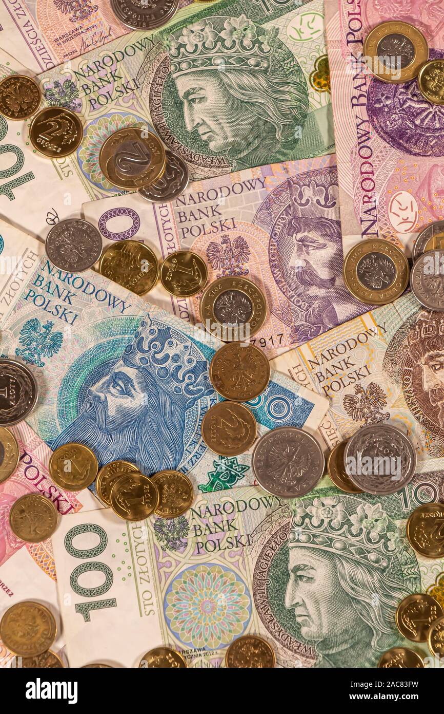 Polnischer Zloty. PLN Banknoten und Münzen bietet große Möglichkeiten für die Illustration von Themen wie Handel, Banken, Medien verwendet werden, Präsentationen etc. Stockfoto