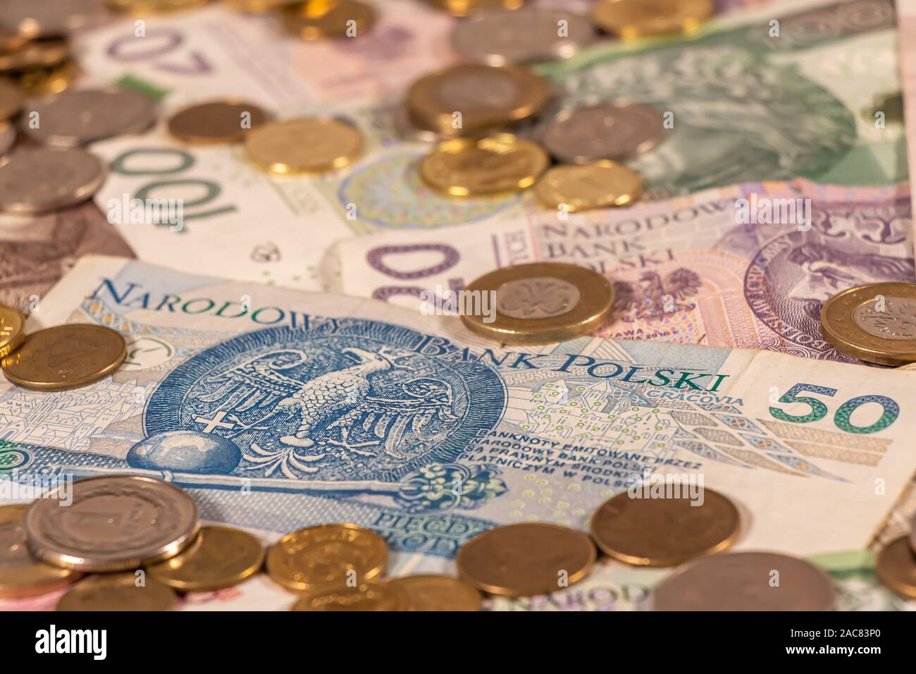 Polnischer Zloty. PLN Banknoten und Münzen bietet große Möglichkeiten für die Illustration von Themen wie Handel, Banken, Medien verwendet werden, Präsentationen etc. Stockfoto