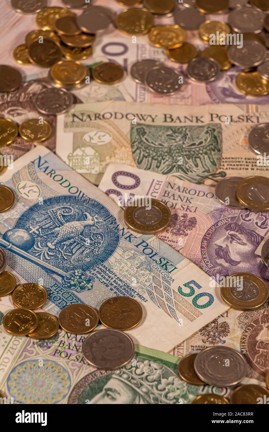 Polnischer Zloty. PLN Banknoten und Münzen bietet große Möglichkeiten für die Illustration von Themen wie Handel, Banken, Medien verwendet werden, Präsentationen etc. Stockfoto