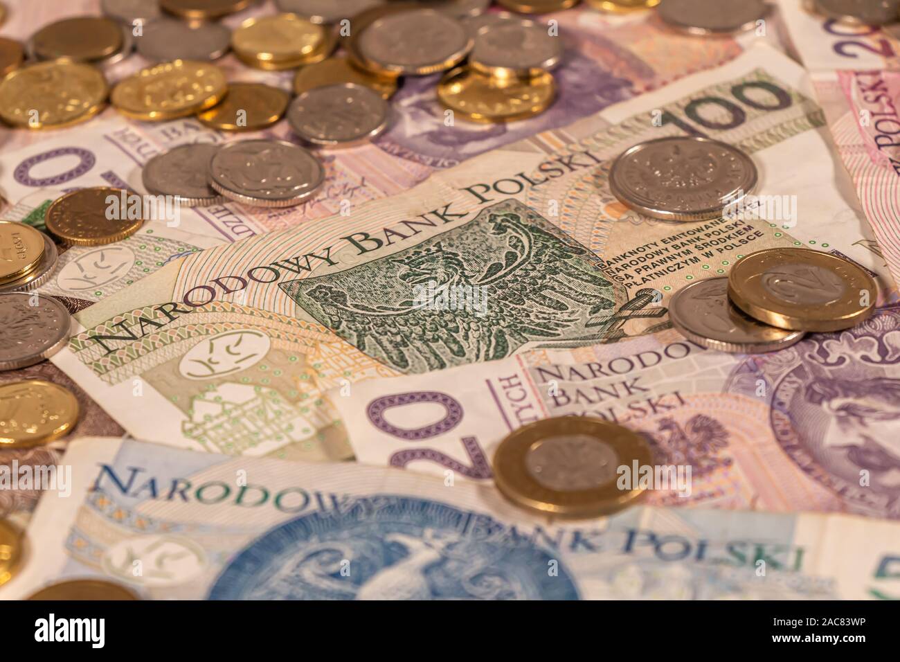 Polnischer Zloty. PLN Banknoten und Münzen bietet große Möglichkeiten für die Illustration von Themen wie Handel, Banken, Medien verwendet werden, Präsentationen etc. Stockfoto