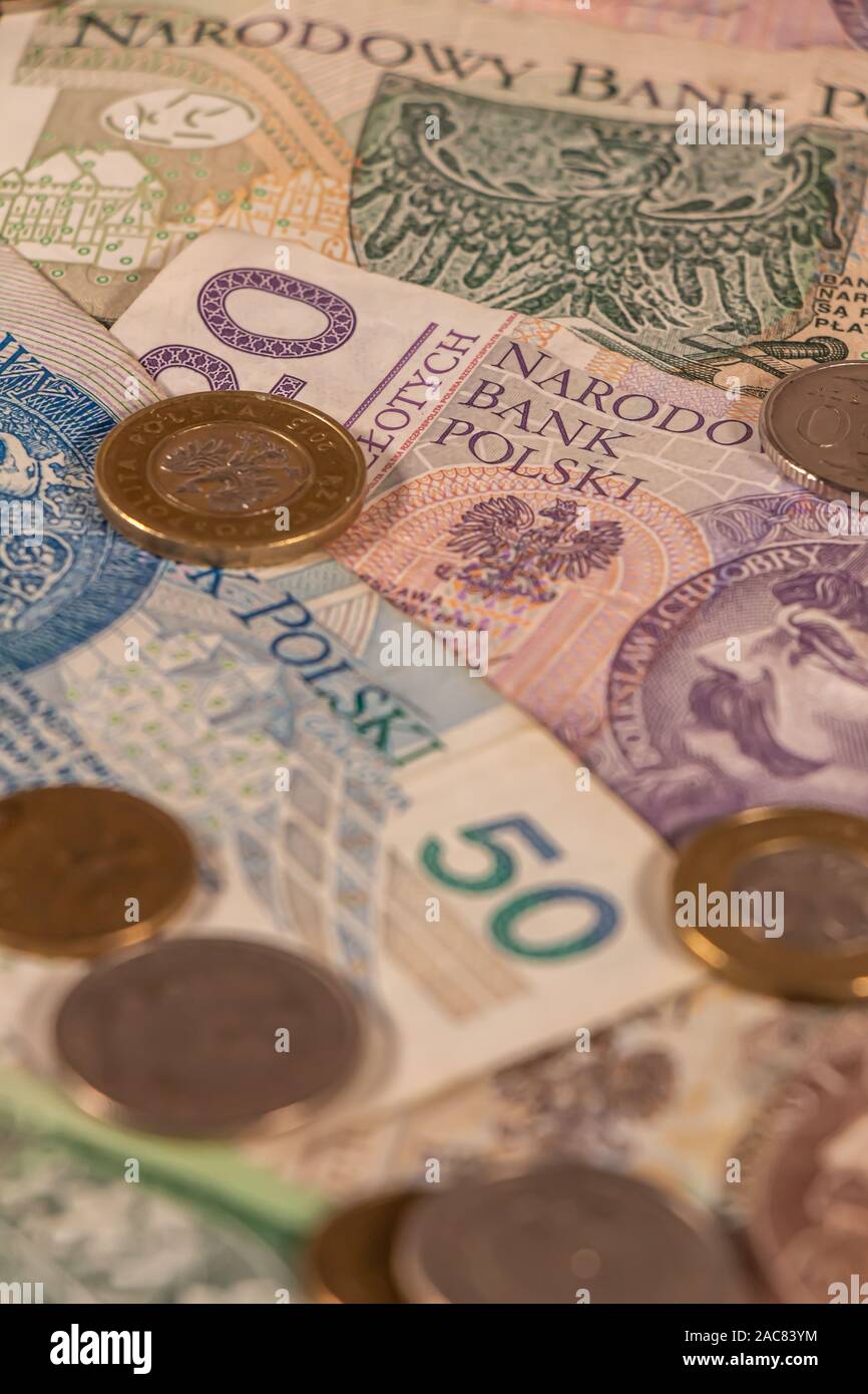 Polnischer Zloty. PLN Banknoten und Münzen bietet große Möglichkeiten für die Illustration von Themen wie Handel, Banken, Medien verwendet werden, Präsentationen etc. Stockfoto