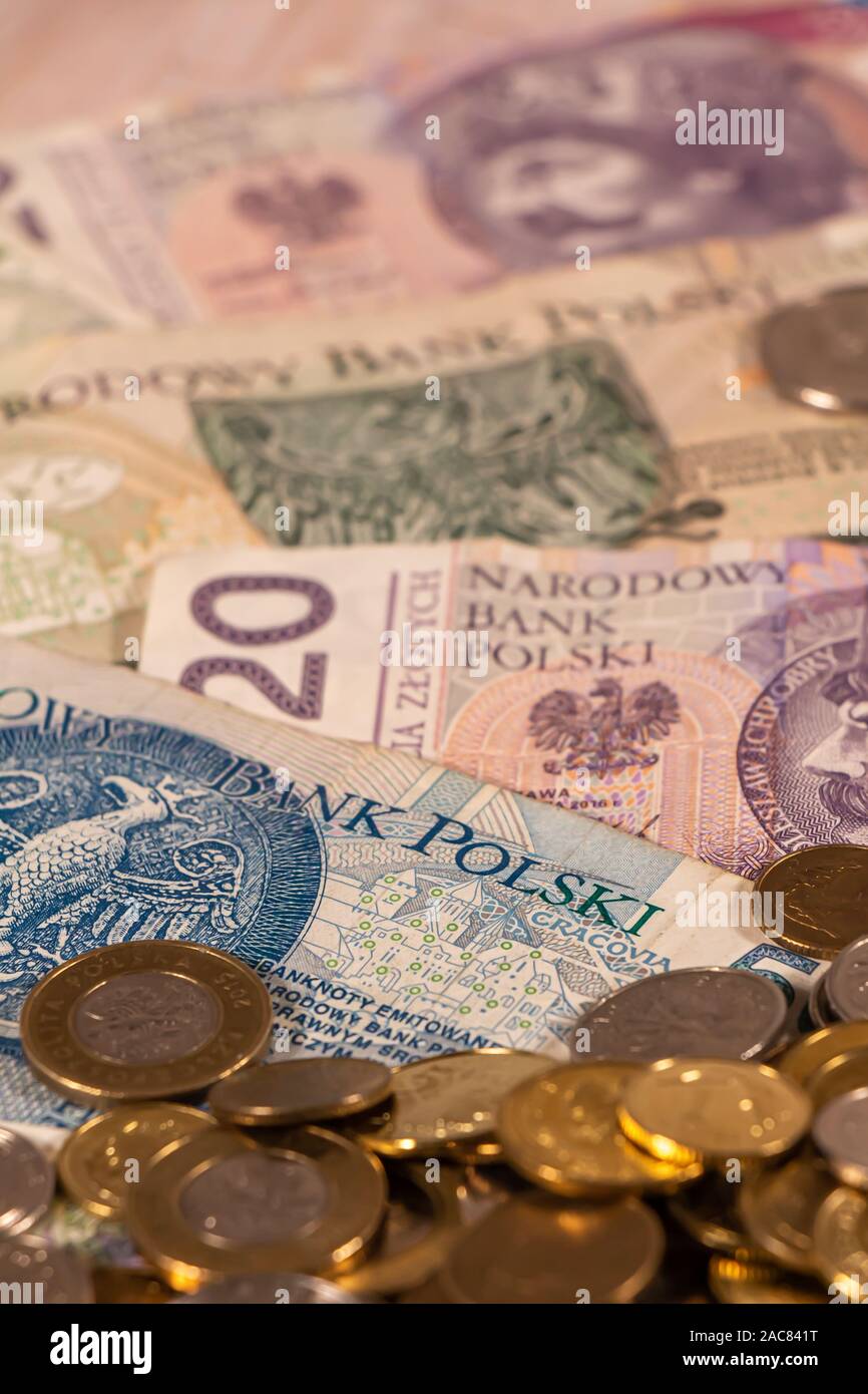 Polnischer Zloty. PLN Banknoten und Münzen bietet große Möglichkeiten für die Illustration von Themen wie Handel, Banken, Medien verwendet werden, Präsentationen etc. Stockfoto