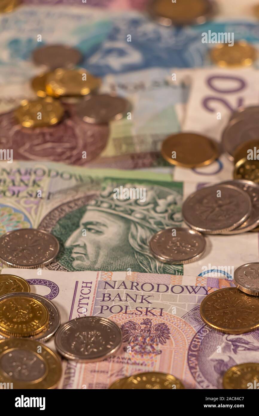 Polnischer Zloty. PLN Banknoten und Münzen bietet große Möglichkeiten für die Illustration von Themen wie Handel, Banken, Medien verwendet werden, Präsentationen etc. Stockfoto