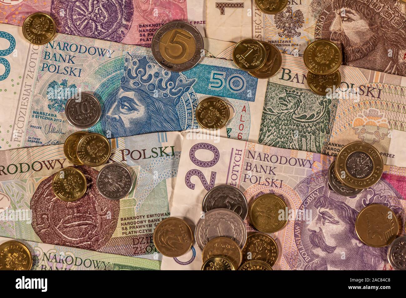 Polnischer Zloty. PLN Banknoten und Münzen bietet große Möglichkeiten für die Illustration von Themen wie Handel, Banken, Medien verwendet werden, Präsentationen etc. Stockfoto