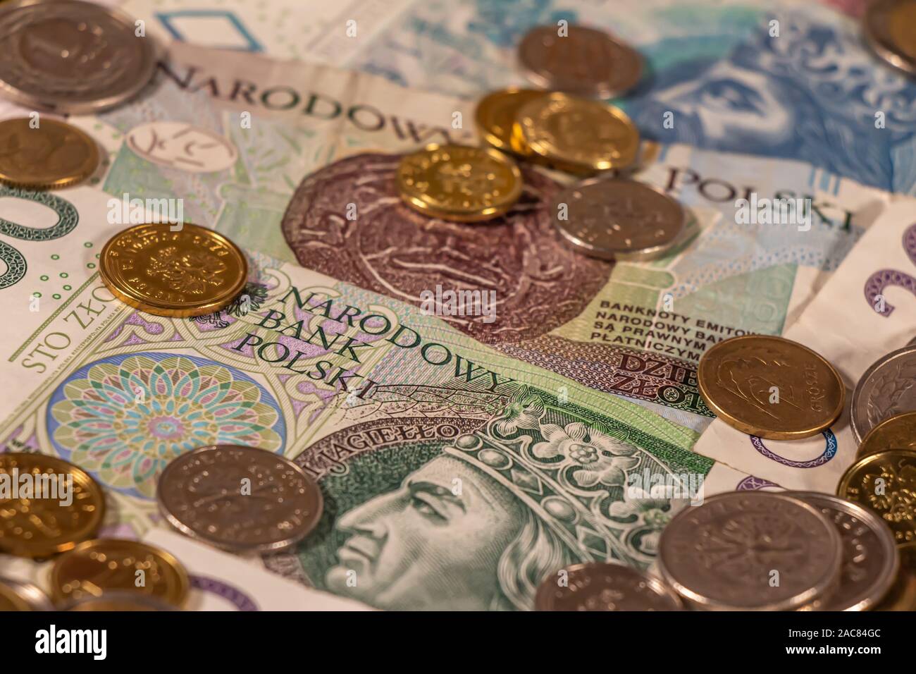 Polnischer Zloty. PLN Banknoten und Münzen bietet große Möglichkeiten für die Illustration von Themen wie Handel, Banken, Medien verwendet werden, Präsentationen etc. Stockfoto