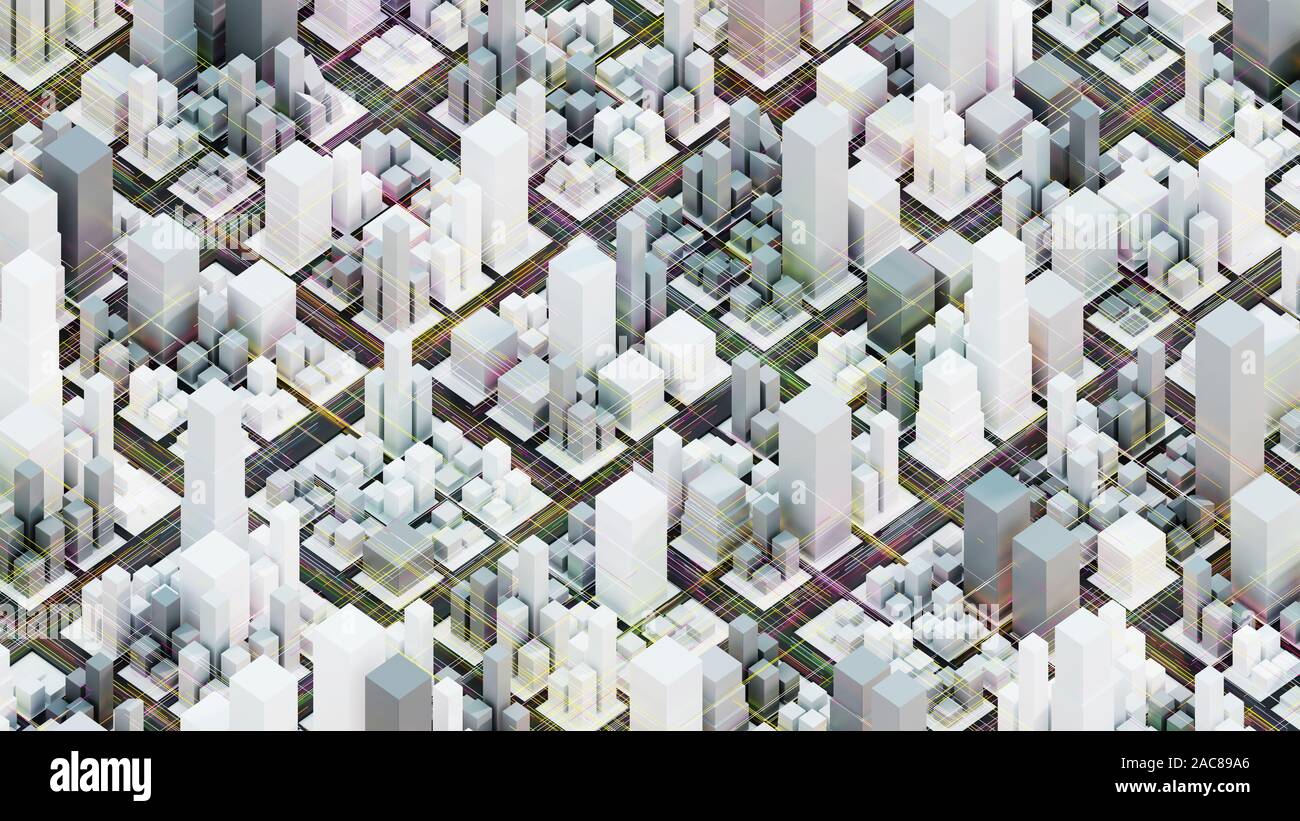 Techno Mega City; städtische und futuristische Technologie Konzepte, original 3D-Rendering Stockfoto