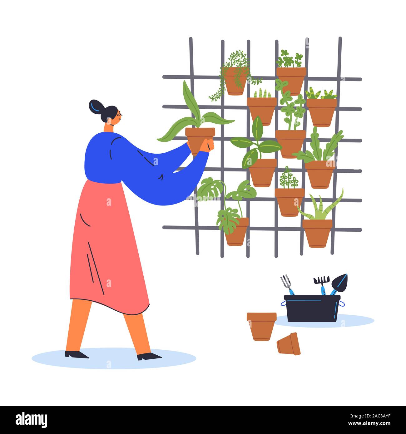 Vertikale garten Konzept. Frau wächst Pflanzen in Töpfen Stock Vektor