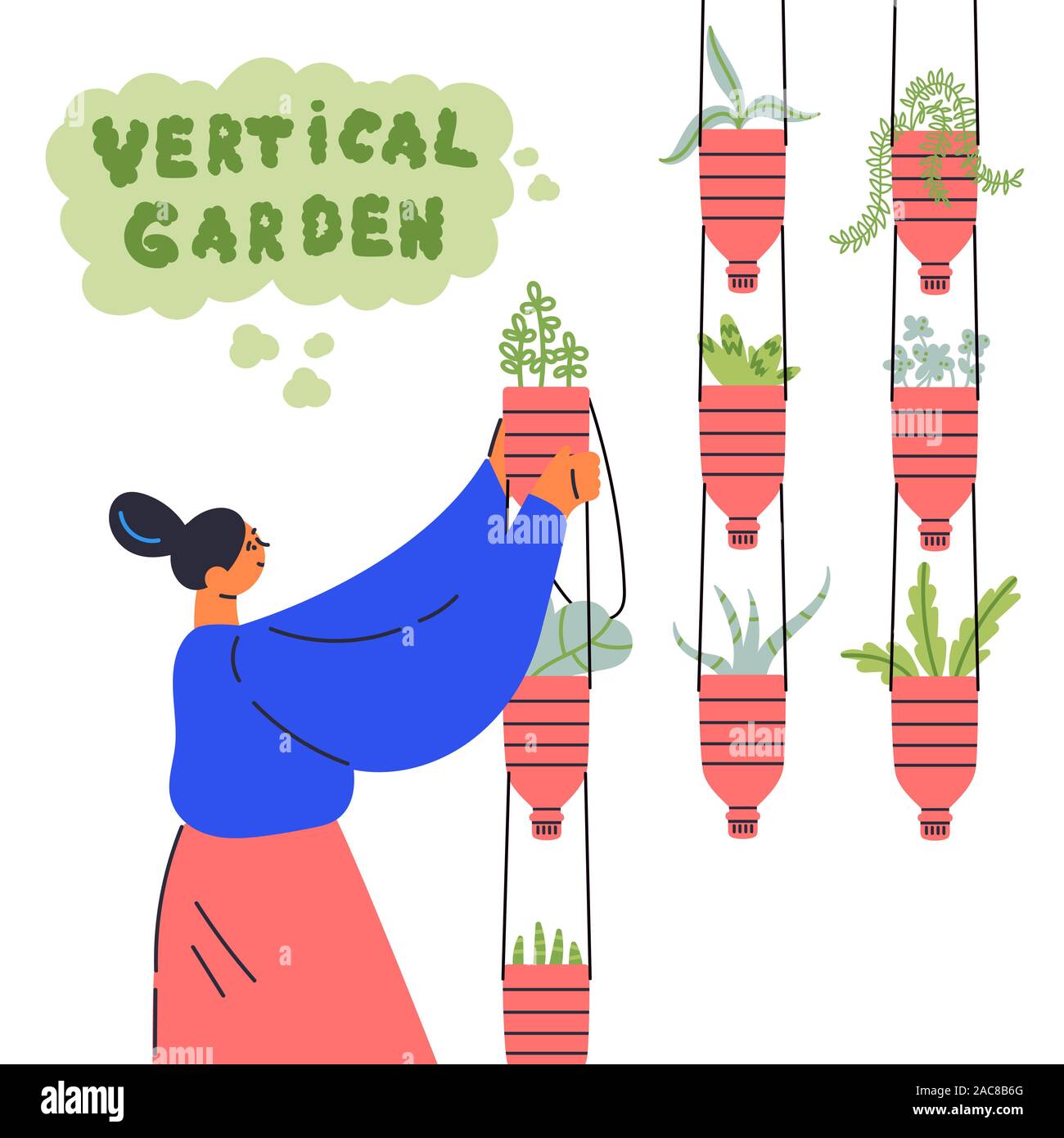 Vertikale garten Konzept. Frau wächst Pflanzen Stock Vektor
