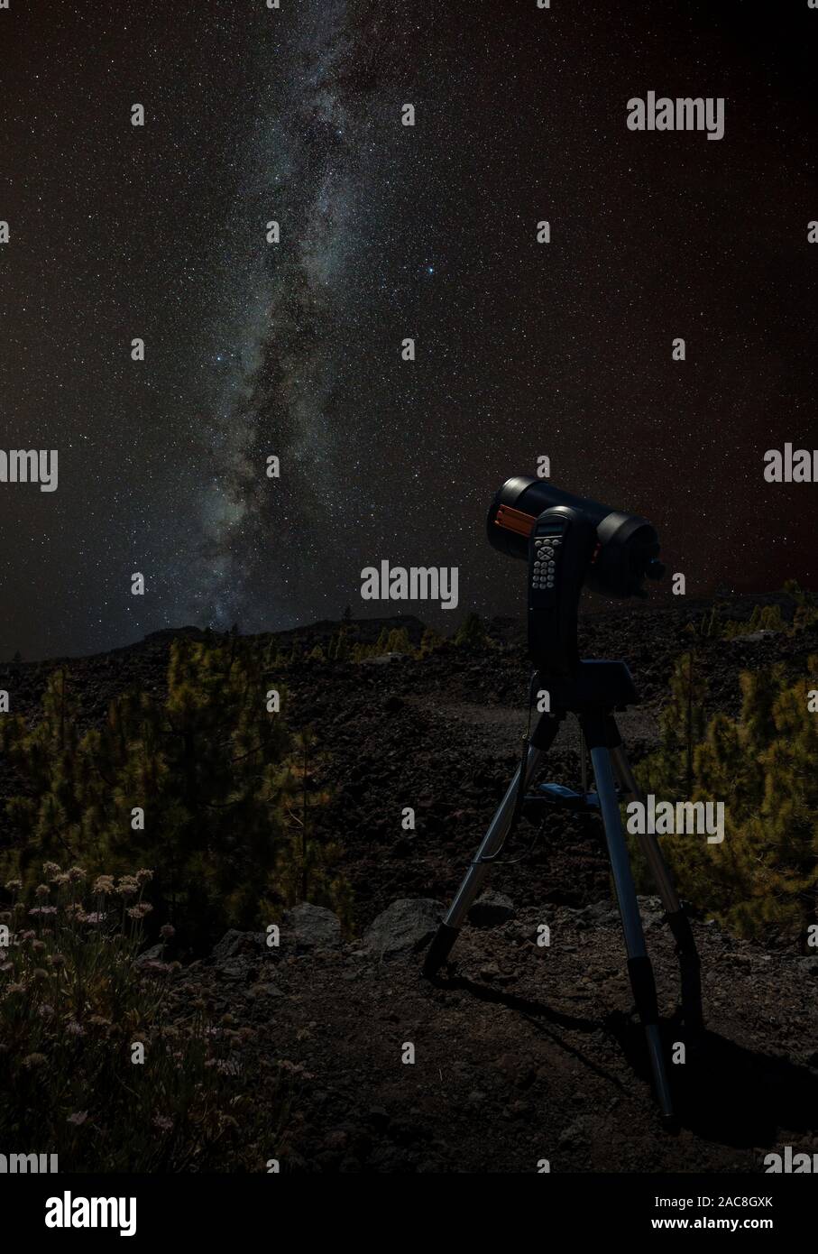 Junger Mann beobachtet Sternenhimmel durch ein Teleskop. In den Bergen,  umgeben von Pinienwald im Hintergrund Nacht Landschaft mit bunten  Milchstraße Stockfotografie - Alamy