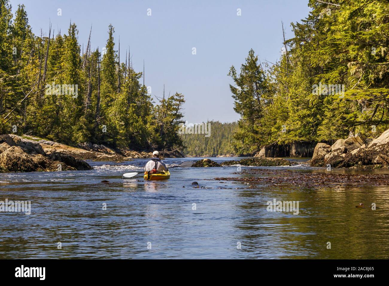 Ein männlicher Kajaker in seinem 50s wartet an der turbulenten Eintrag zu einem fernen Gezeiten Lagune, wenn man bedenkt, wann und wie zu versuchen zu geben (Küsten British Columbia). Stockfoto
