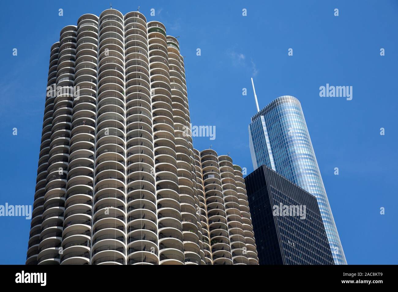 Marina City, 330 North Wabash (alias IBM Gebäude, IBM Plaza, AMA Plaza) und Trump Tower, Chicago, USA Stockfoto