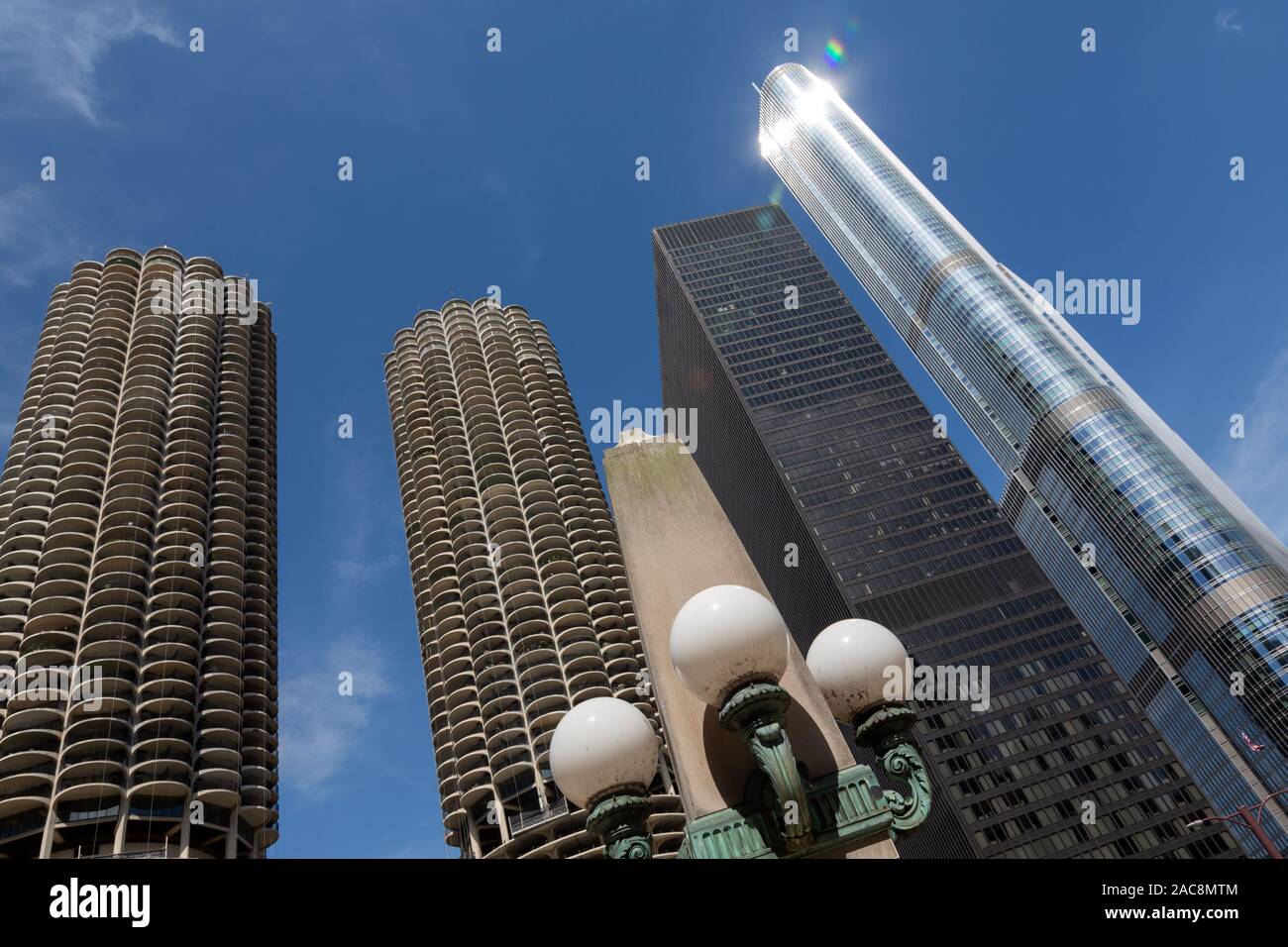 Marina City, 330 North Wabash (alias IBM Gebäude, IBM Plaza, AMA Plaza) und Trump Tower, Chicago, USA Stockfoto