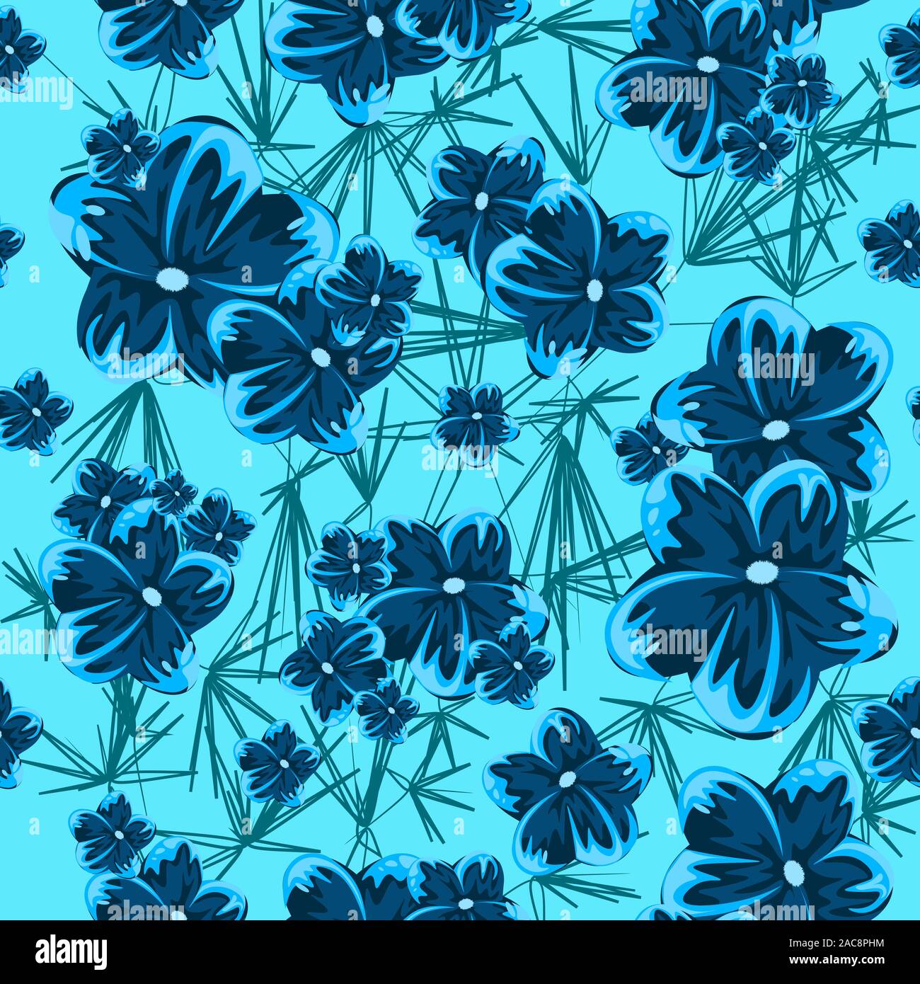 Blauer Hibiskus Feder blau Blumen nahtlose Muster. Abbildung der hawaiischen tropischen Pflanzen, sich wiederholende floralen und botanischen Textur für den Druck. Stock Vektor