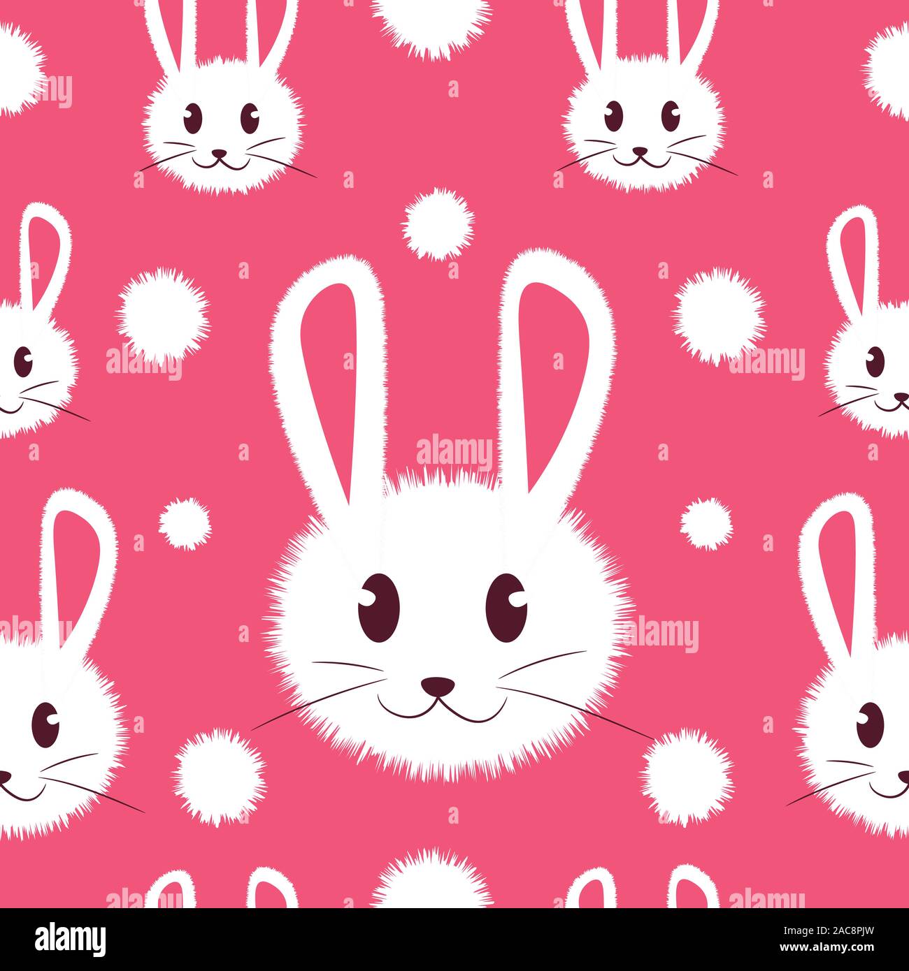 Weiß und niedliche pelzige Bunny nahtlose Muster für Kinder. Kawaii Kaninchen auf einem girly Baby Hintergrund für Drucke, Kleidung und Texturen Vektor. Stock Vektor