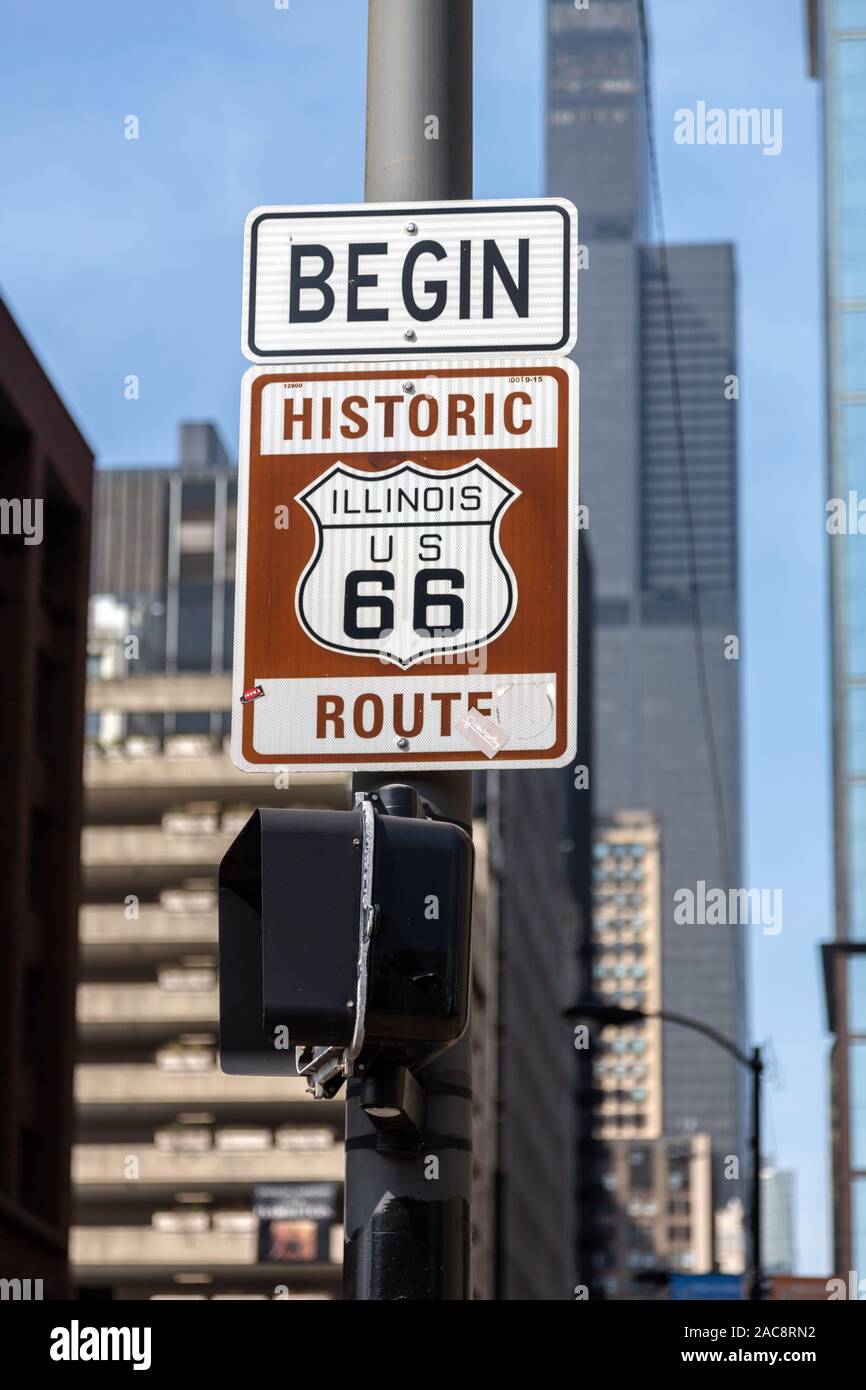 Beginnen Sie Route 66-Zeichen am Anfang der Route 66, Chicago, Illinois, USA Stockfoto