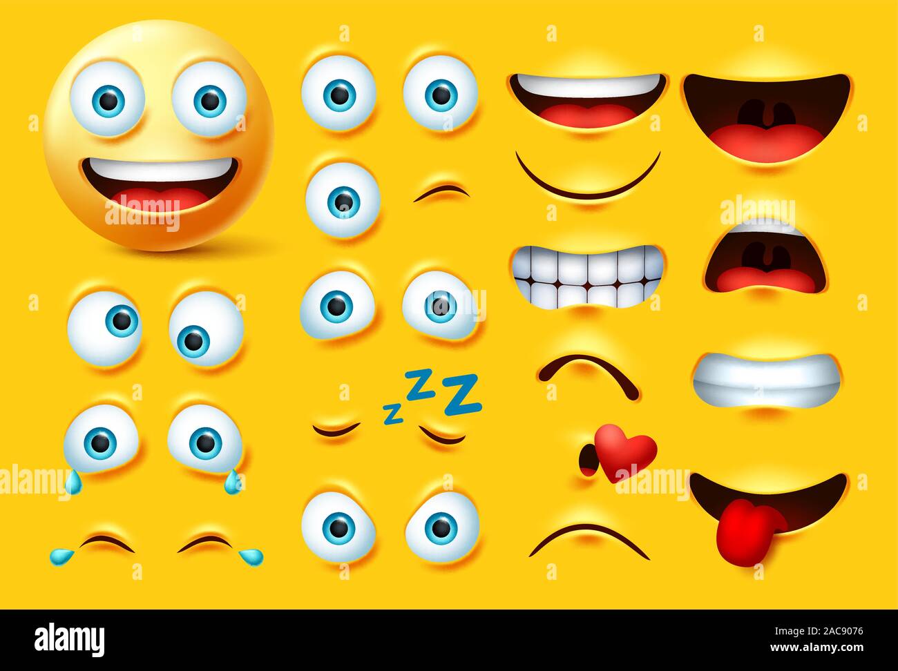 Smileys emoticons Charaktererstellung Vektor einrichten. Smileys emoji Gesicht kit Augen und Mund in wütend, verrückt, Weinen, frech, Küssen und Lachen Ausdruck. Stock Vektor